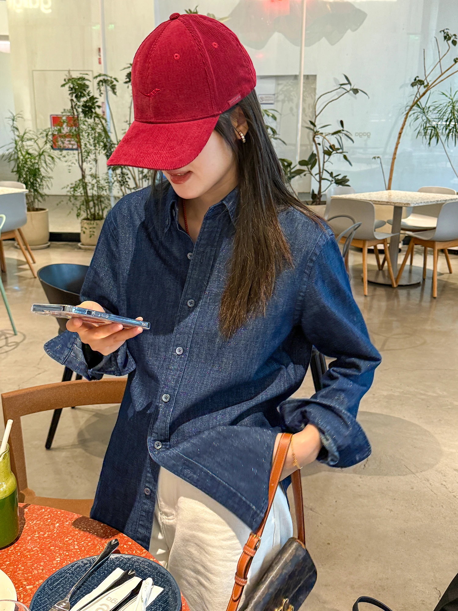 

Elegant Casual Style Women's Denim Shirt Glitter Material BC Top High Intelligence Subtle Luxury Fashionable Long Sleeve Cott...