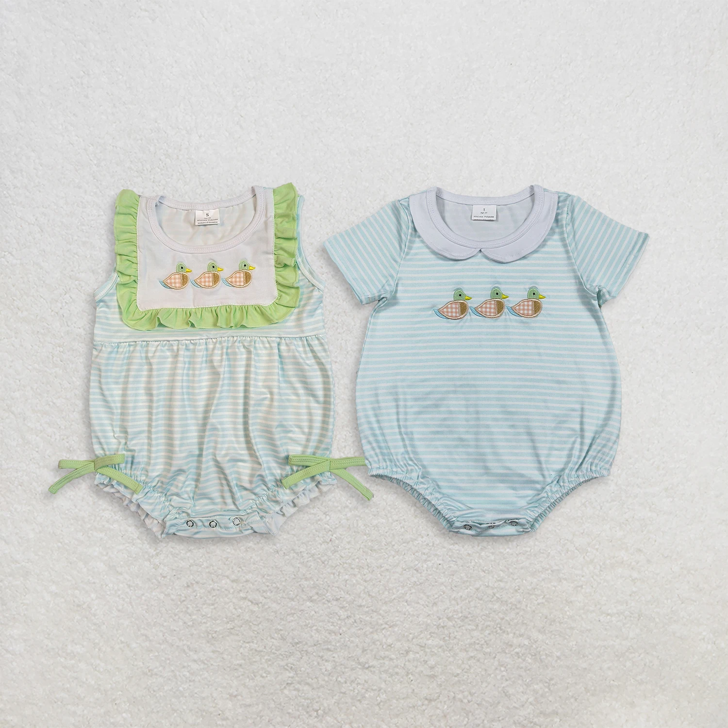 Ropa de Bebé al por Mayor, Mono de Manga Corta con Rayas para Niños y Niñas, Recién Nacidos, Bordado de Patos, Ropa para Bebés y Niños Pequeños