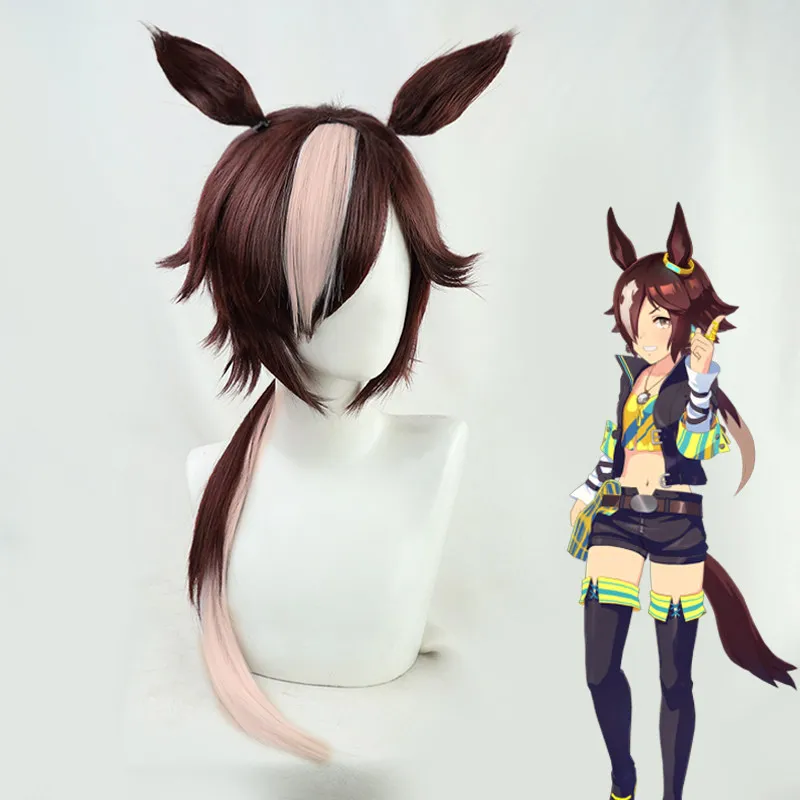 Umamusume Pretty Derby Vodka Cosplay Wig Headwear Women Halloween Party Role Play Props Animal Ears Tail Synthetic Wigs Wine Red