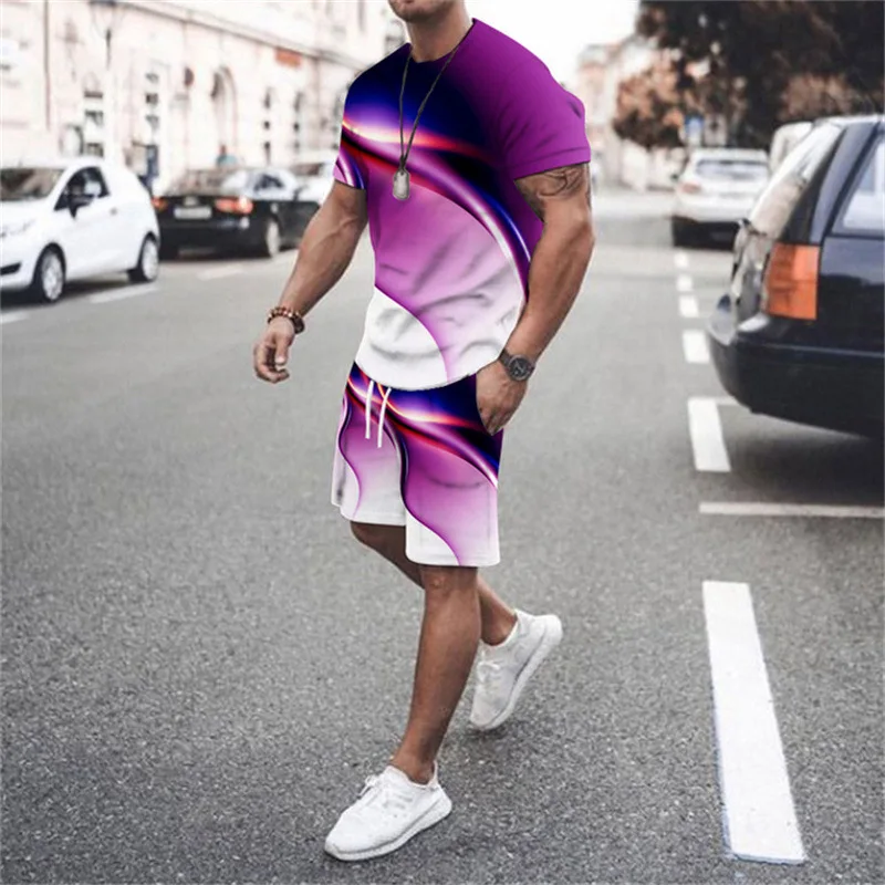 Fashion T-shirt and Shorts Set Street Men\'s Clothing for Men\'s 3D Short Sleeved Loose Casual Casual Colorful Line Printing Style