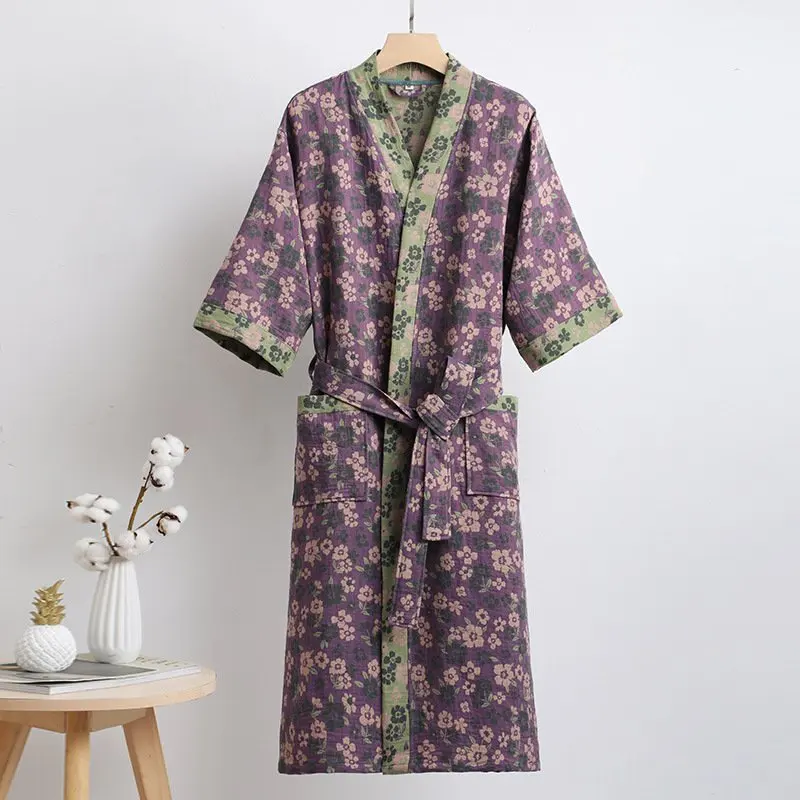 Verse Zoete 100% Katoenen Dubbele Gaas Gewaden Vrouwen Zomer Korte Mouw Chinese Stijl Eenvoudige Badjassen Kimono Gewaden Plus Size