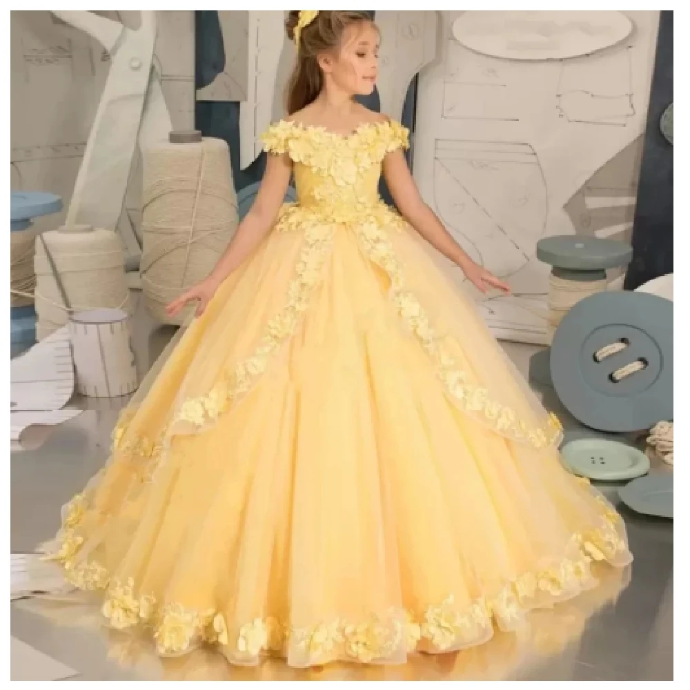 

Yellow Tulle Puffy Applique Off Shoulder Floor Length Flower Girl Dress For Wedding Child First Eucharistic Birthday Party Dress