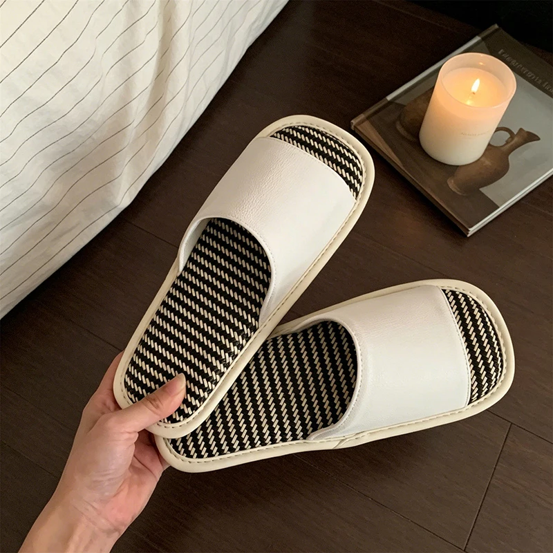 Japanese Style Slides For Women Linen Rattan Leather Texture Anti Slip Lightweight Summer House Slippers Casual Sandals view 5