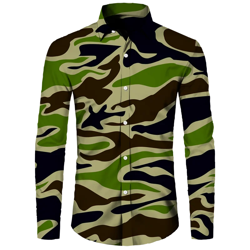 Outdoor Camouflage Print Men\'s Shirts Casual Single-Breasted Blouses Long Sleeve Shirt Streetwear Trend Lapel Tops Men Clothing