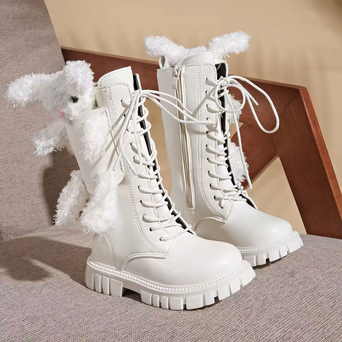 

Высокие сапоги для девочек, новинка зимы 2024, модные флисовые теплые детские белые хлопковые сапоги принцессы, рыцарские сапоги