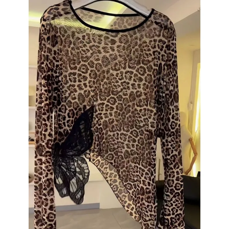 Haut de danse latine personnalisé pour femmes, imprimé léopard, Costume à manches longues, Cha-cha Samba, entraînement de danse de salle de bal, Costume en maille