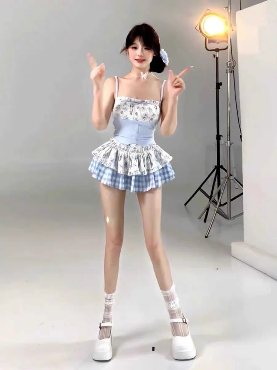 Korean Sweet Floral Print Patchwork Crop Top High Waist Puffy ort Skirt Fre Youthful Two-Piece Set for Women Casual Wear