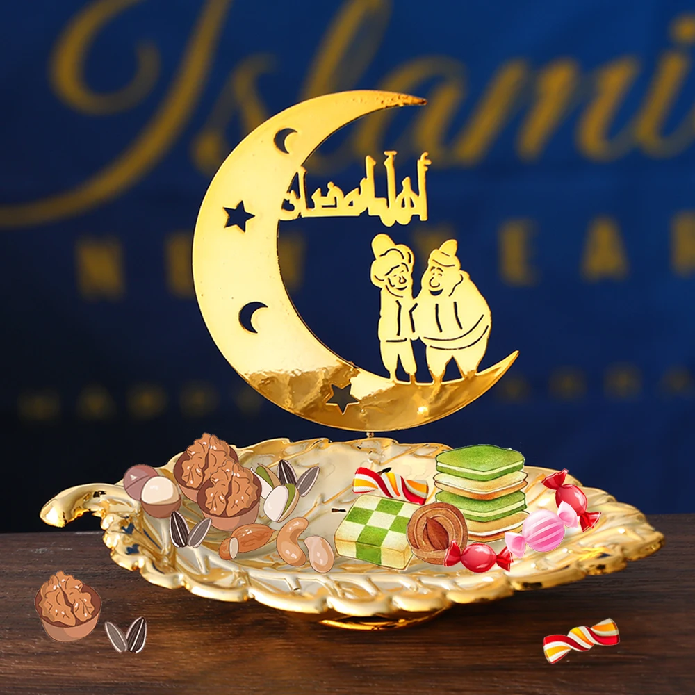 

Gold Metal Ramadan Food Tray Eid Mubarak Dessert Fruit Plate Ramadan Decoration Islamic Muslim Festival Decor Gift Jewelry Plate