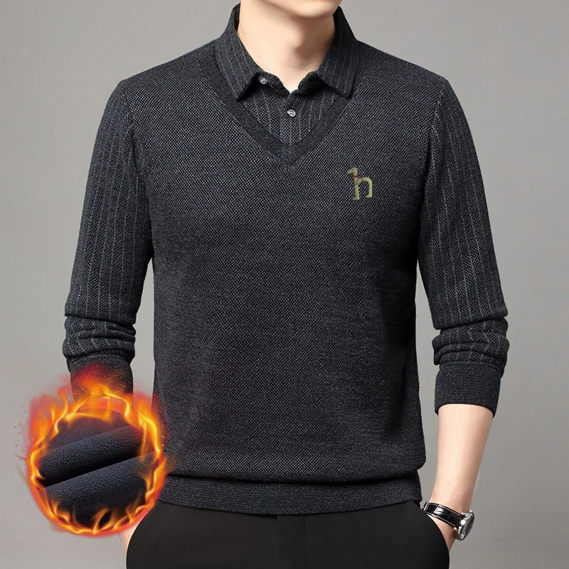 Lapela dos desenhos animados impressão engrossar pulôver vendas quentes marca masculina malha falsa de duas peças inverno negócios camisola quente casual masculino wear