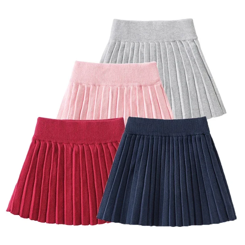 

Baby Girls Knitted Skirts 2024 New Kids Girls Cotton Skirts Autumn Winter Pleated Skirts High Waist Wine Red Pink Skirt 12M-4Y