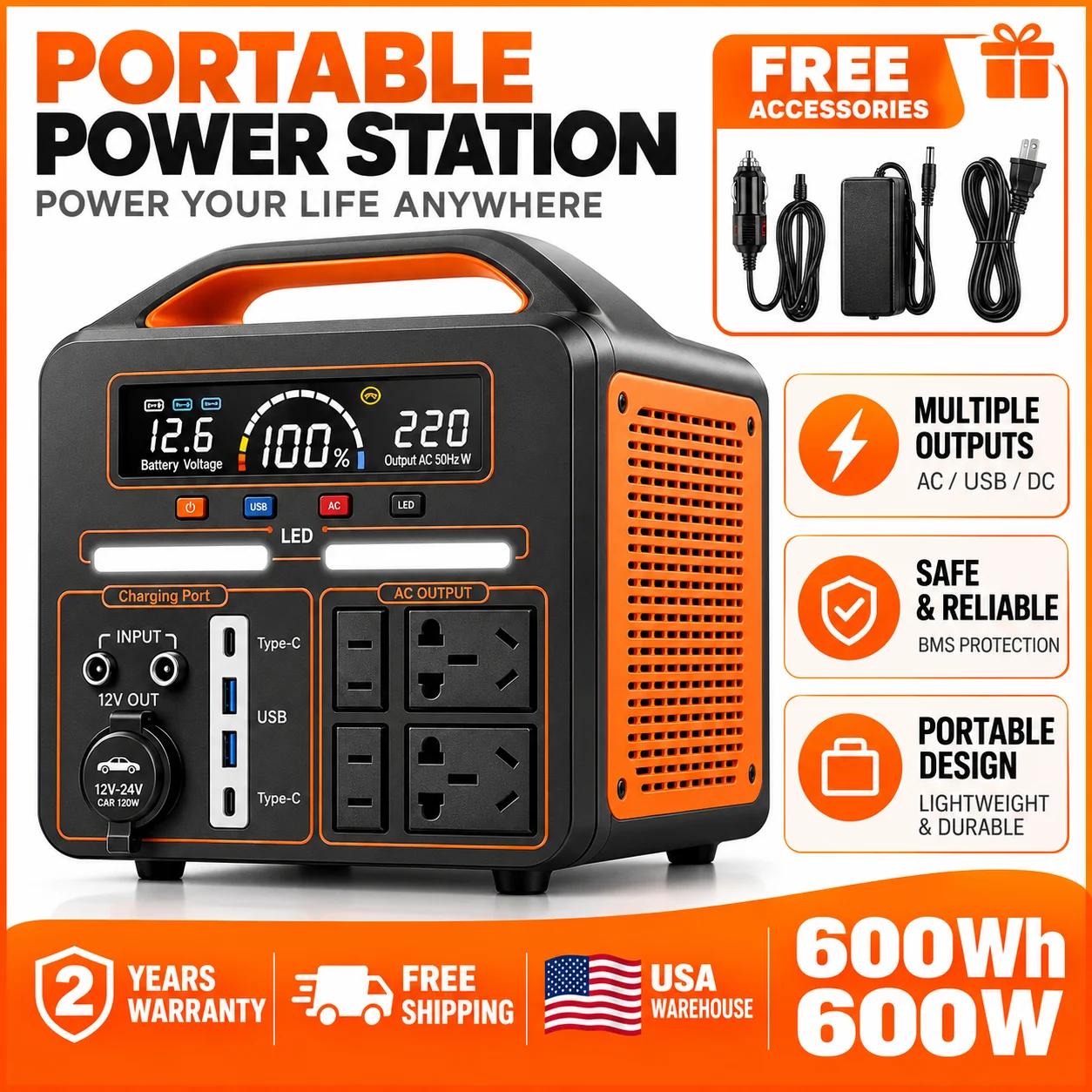 New 600W 600Wh portable power station, 220V AC output household energy storage power supply for solar energy off grid appliances