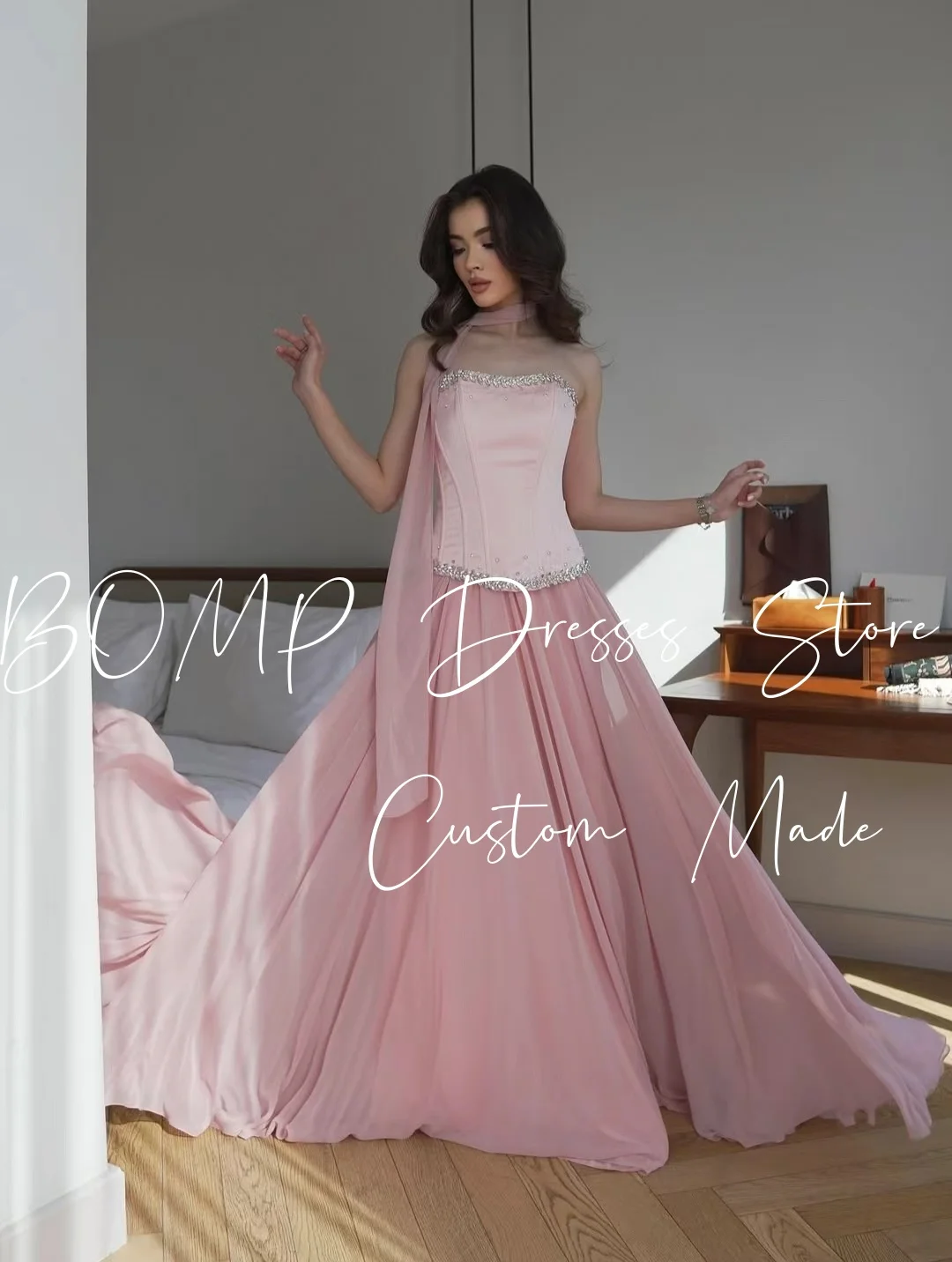 BOMP Prachtige kralen bruiloft feestjurk strapless korset gelaagde gedrapeerde a-lijn satijn speciale gelegenheid avondjurk op maat