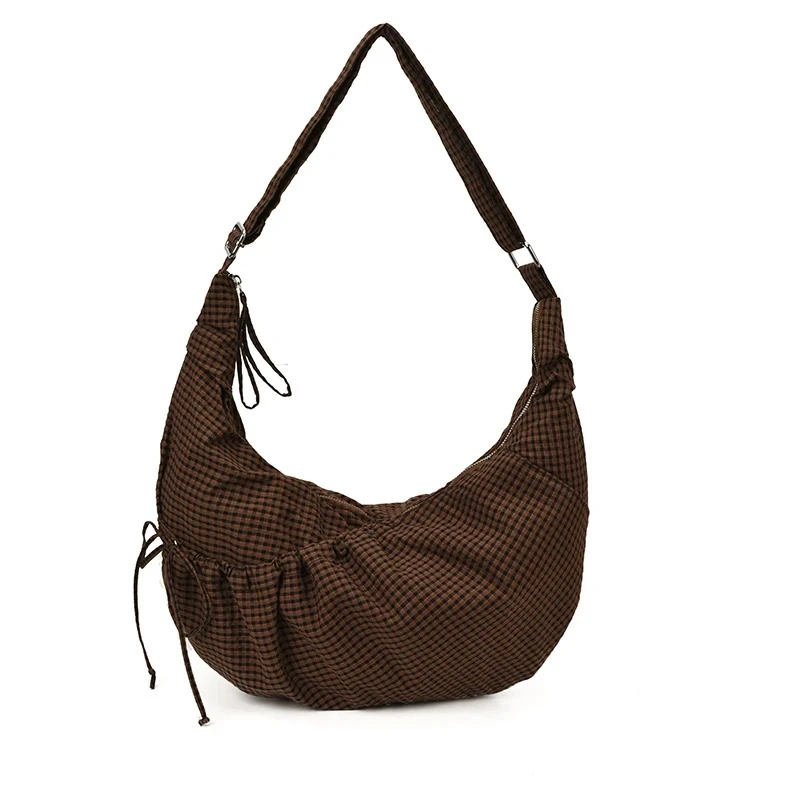 Plaid Nylon Crossbody Bag Women Versatile Casual Large Capacity Lightweight Fashion Zipper Daily Commute Shoulder Hand Purse