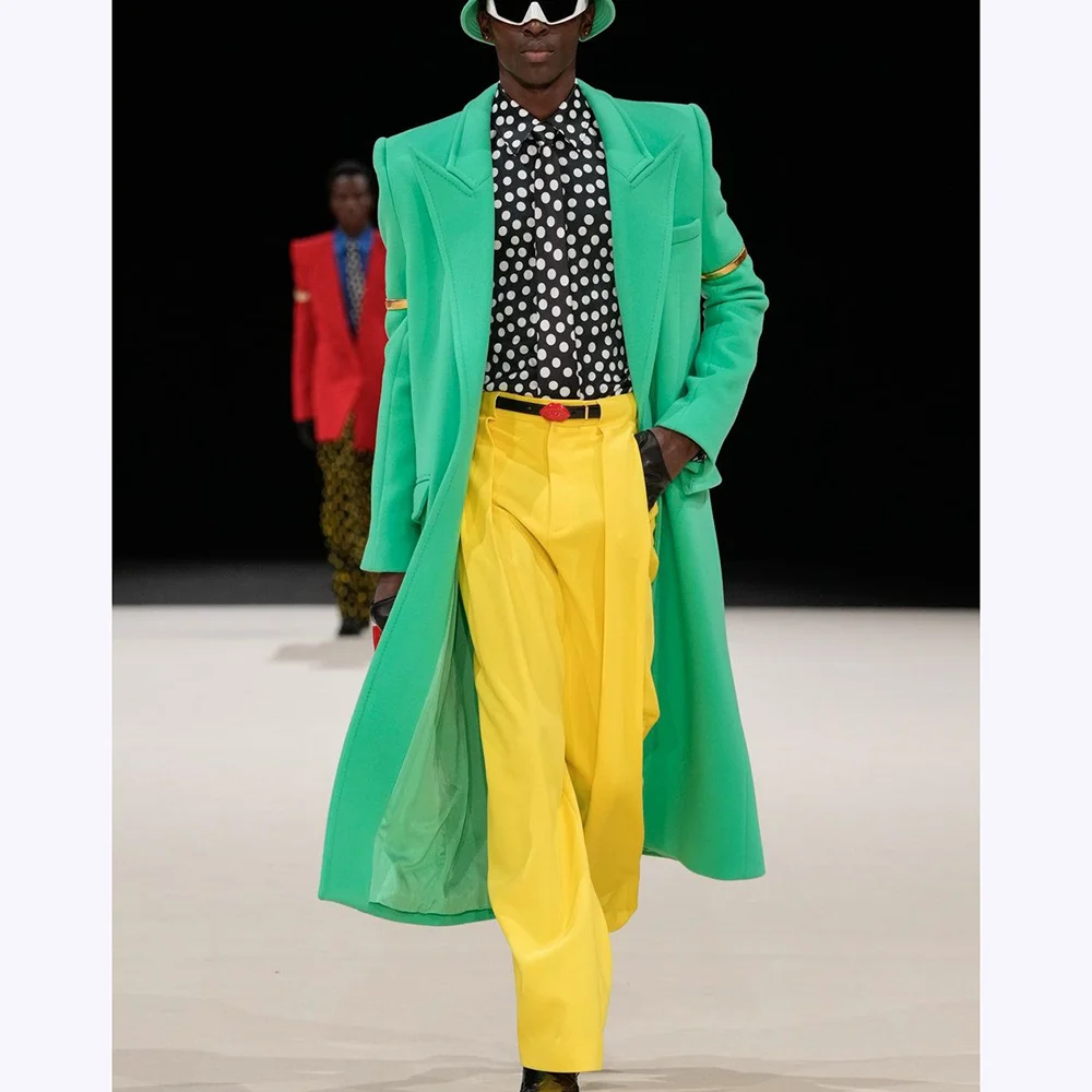 Stylish Contrast Color Men Suits Peak Lapel Long Jacket Outfits Two Piece(Blazer+Pants) High Street Model Show Casual Party Set