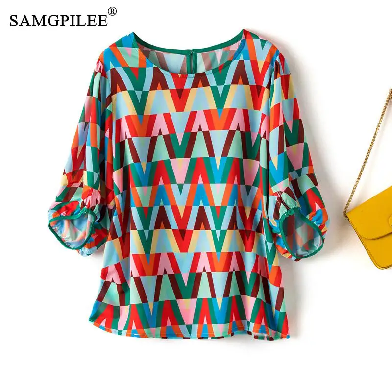 

Fashion Women Blouses 2022 Elegant Summer Rhombus Figure Korean Fashion Round Neck Mid-sleeve Korean Thin Chiffon T-shirts 4XL