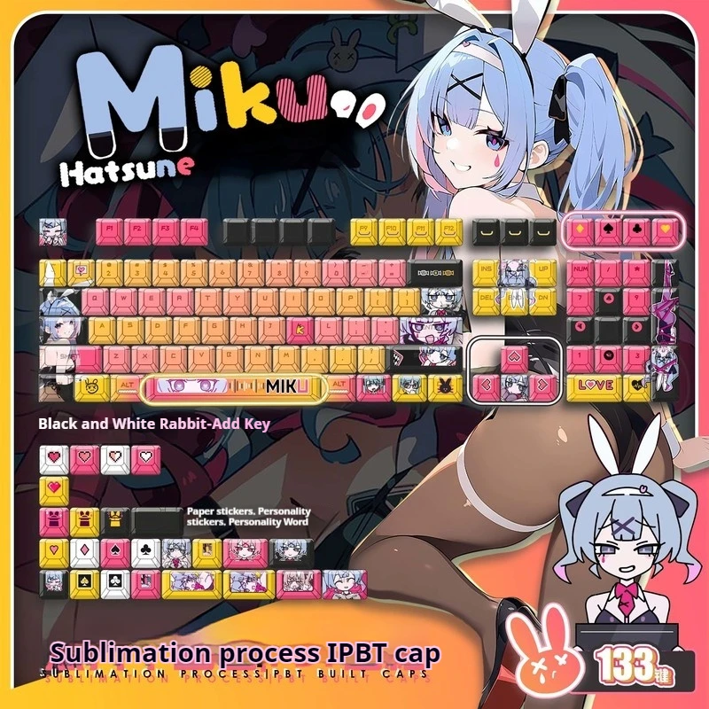 Miku Rabbit Hole Themed Mechanical Keyboard Keycaps 133 Keys Pbt Thermal Sublimation Front Transparent 2d Cartoon Keycaps