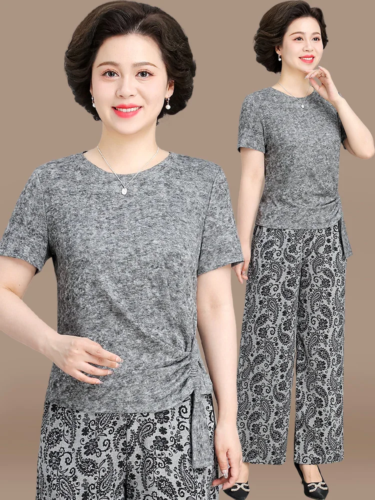 

Летний повседневный комплект для молодых мам: свободная футболка с коротким рукавом и круглым вырезом из смесового полиэстера, комплект из двух предметов для женщин среднего возраста