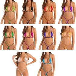 Womens Metallic Bikini Extreme Micro Swimsuit Swim Pool Party Bathing Suit Bra Top with Thong Sexy Lingerie Exotic Set Underwear