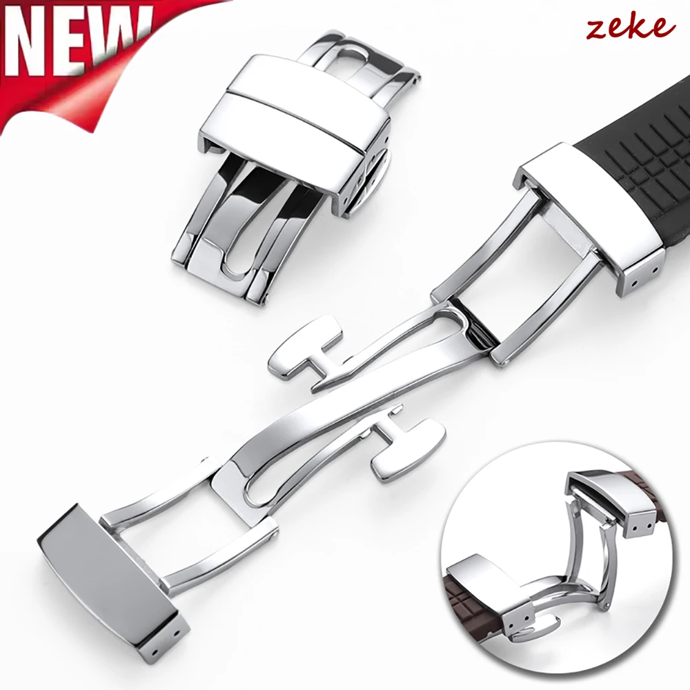 Uhrenarmband-Metallschnallenverschluss für Edelstahl-Uhrenverschluss, poliertes Silber, schwarzer Knopf, 16 mm, 18 mm, Uhrenarmband-Schnalle, Zubehör