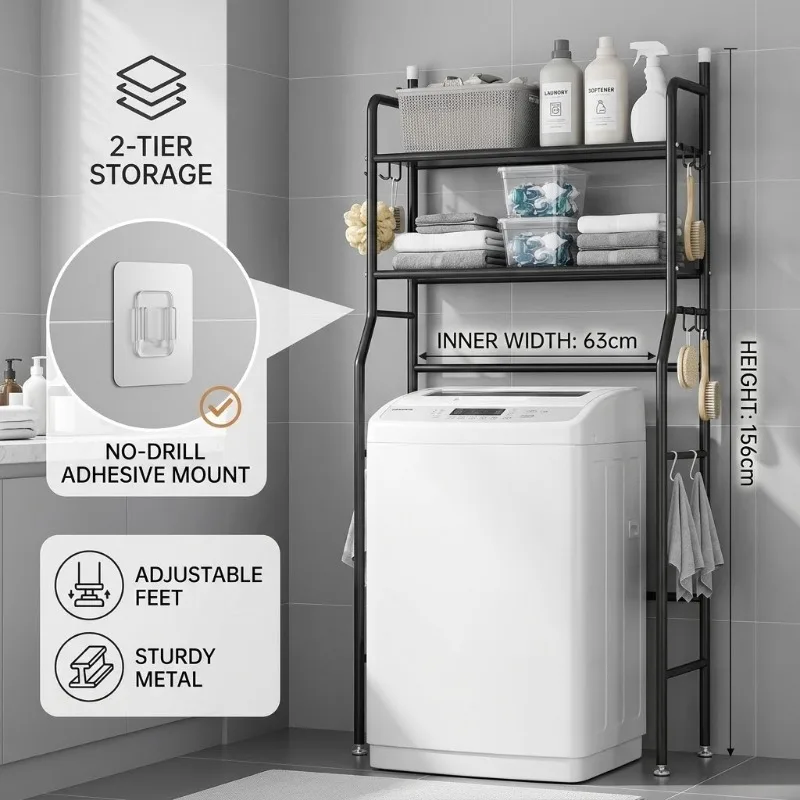 2 Tier Top Load Washing Machine Shelf Laundry Room Organizer Balcony Utility Rack Bathroom Heavy Duty Space Saver Hooks No Drill