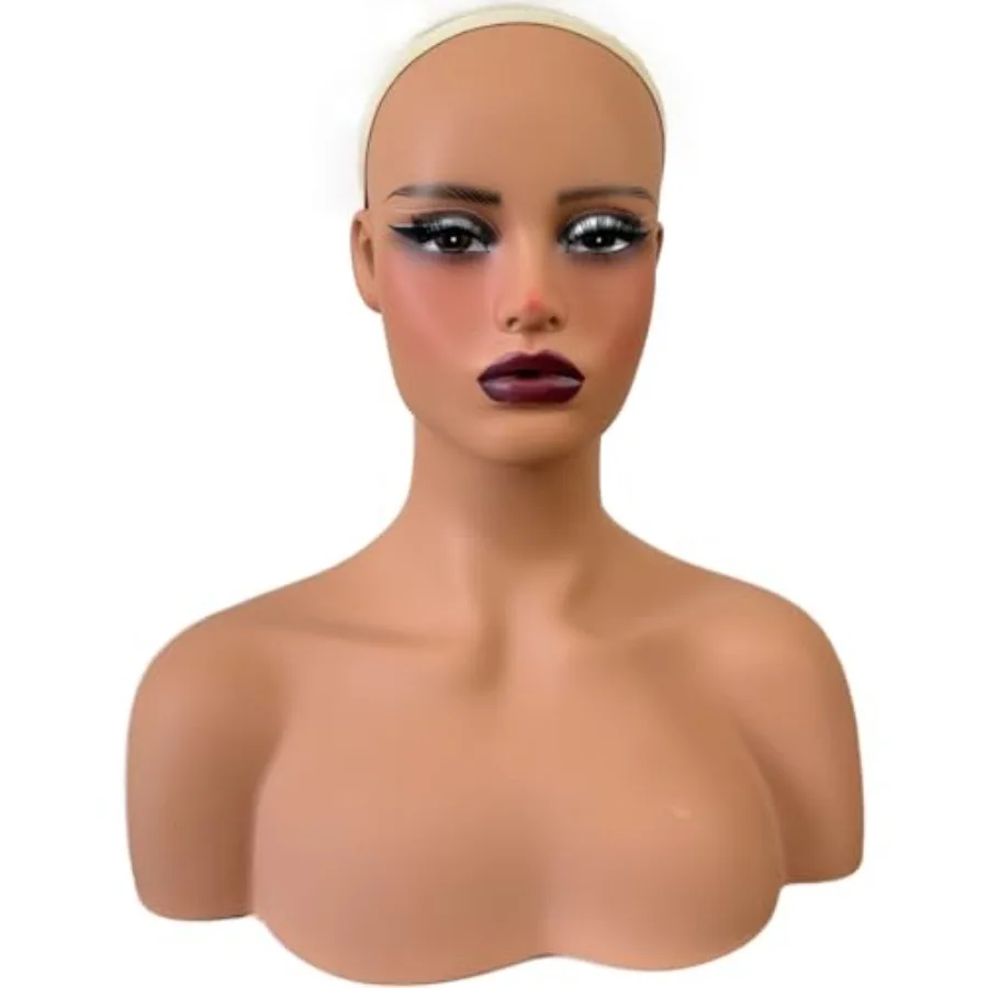 Реалистичная женская голова манекена с плечами, мягкая голова манекена для парика, стильные ювелирные изделия светло-коричневого цвета, модный S