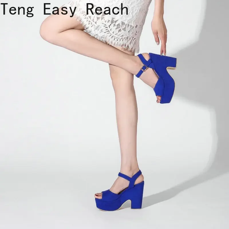 2024 Chic Summer Flock Blue Red Open Toe Platform Chunky High Heels Woman Shoes Buckle Strap Women Sandals Big Size 43