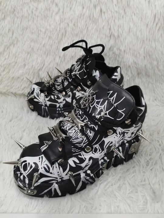Punk Rock Metal Rivet Motorcycle Boots 2025 New Fashion Platform Round Sports Casual Ankle Boots Mixed Color Print Short Boots