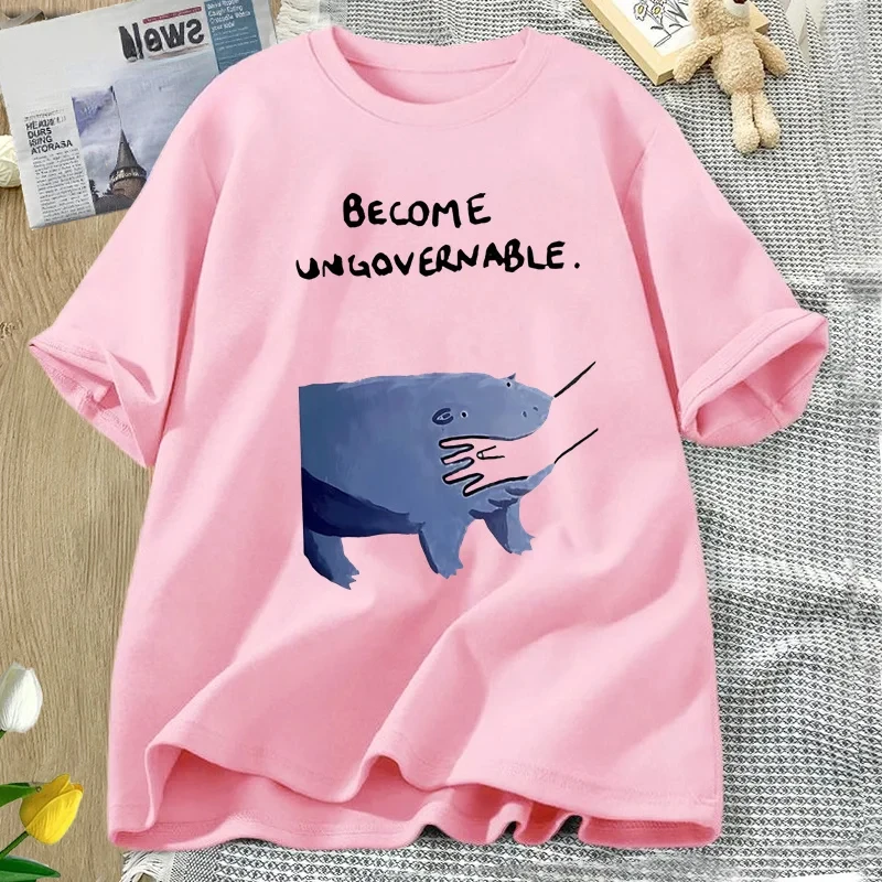تصبح فرس النهر غير القابل للانفصال تي شيرت مو دنغ تصميم مضحك الحيوان الجرافيك المحملة المتمردين ميمي الفكاهة تي شيرت قصير الأكمام