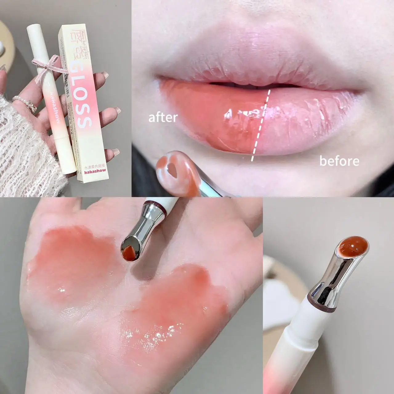 Kakashow Watery Lip Gloss with Iron Brush Head Moisturizing Jelly Lip Tint Natural Nude Lipstick for Smooth Plump Lips