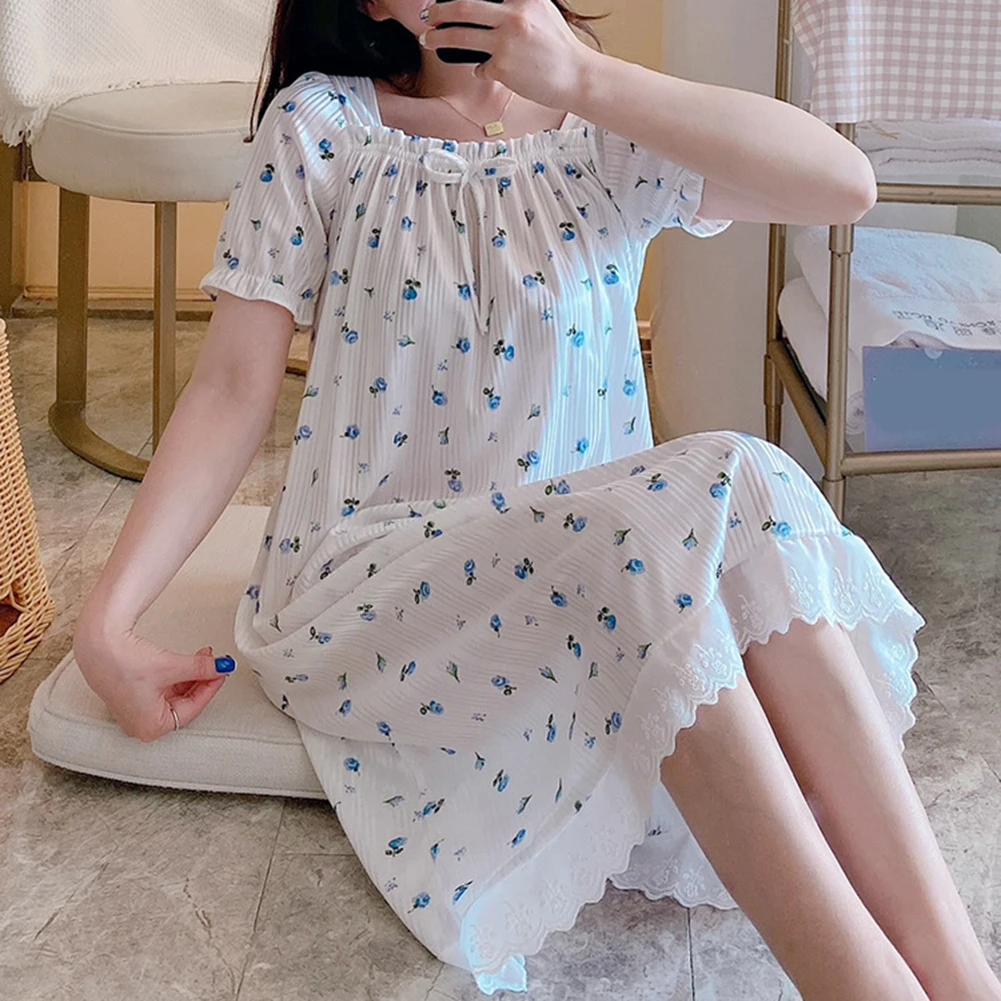 Home Use Blue Floral Nightdress Comfortable Home Dress Medium-length Nightdress Microelasticity Fabric Printed Pattern