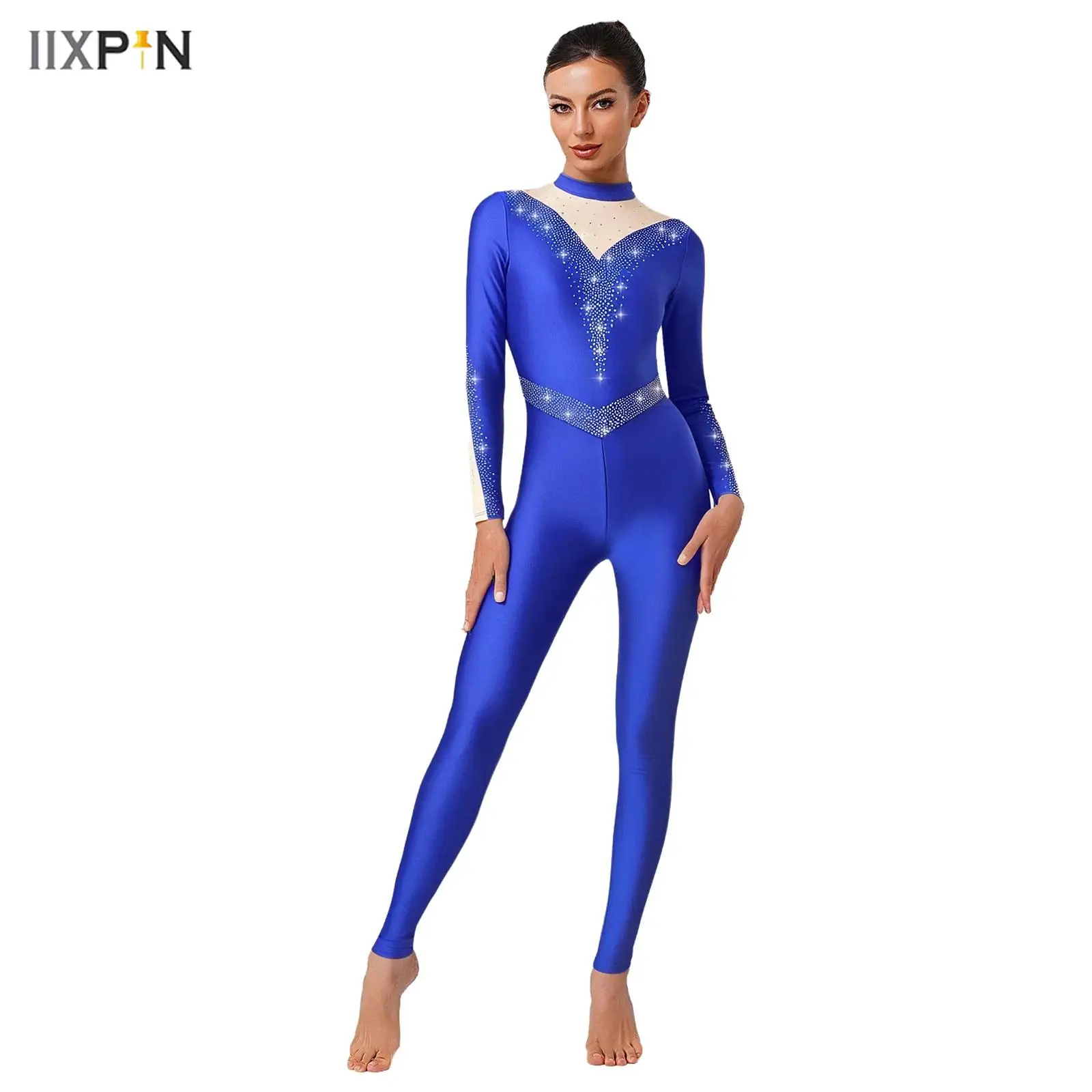 

Womens Shiny Rhinestones Ice Skating Dance Gymnastics Leotard Patchwork Long Sleeve Long Pants Jumpsuit for Gym Training Dancing