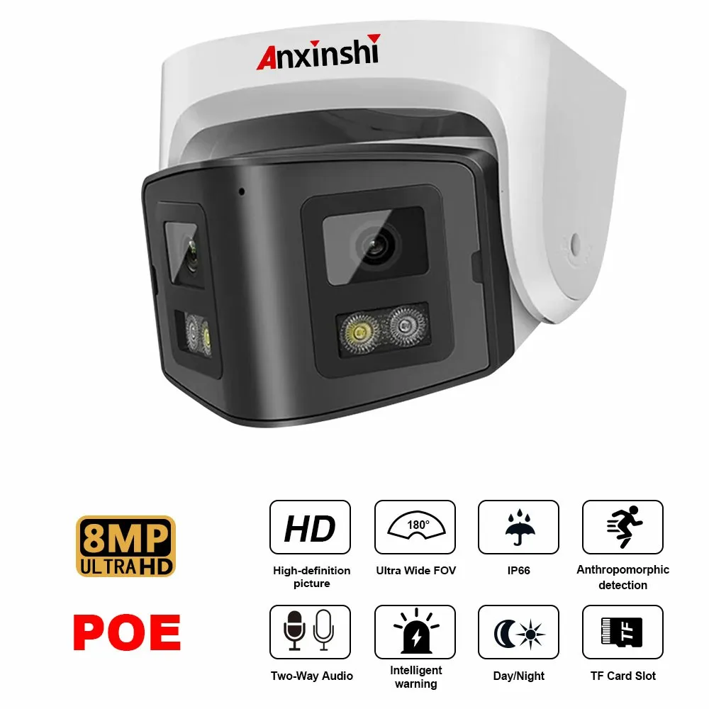 Dual-lens HD 4MP/8MP 180-Degree Panoramic View Supporting Human Shape Detection And Two-way Dialogue IP POE Camera