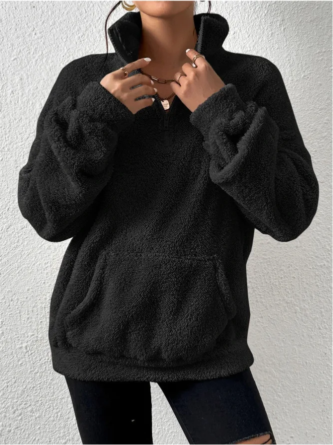 2026 Herbst Winter Mode Damen Samt-Hoodie Einfarbig Verdickter Plüsch-Pullover mit Großer Tasche Warmer Langarm-Damen-Sweatshirt – Detail 16