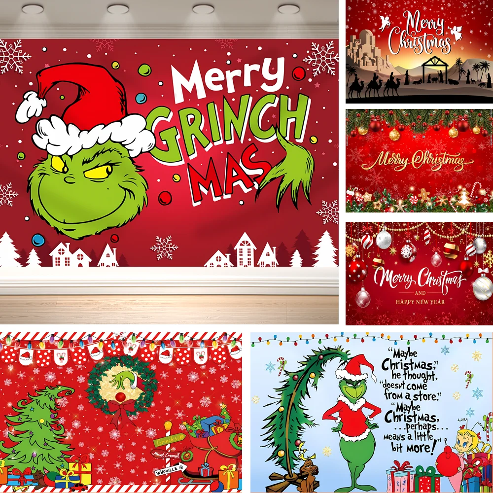 Dewprint The Grinch Christmas Party Backdrop Cartoon Green Monster Xmas Snowflake Themed Holiday Banner Home Wall Decor Supplies