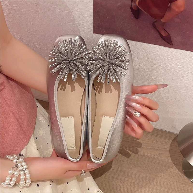 Zapatos de Tacón Bajo, Nuevos de Verano, Punta Cuadrada, Boca Poco Profunda, Adorno de Pedrería, Suela Suave Antideslizante, Zapatos de Caña Baja