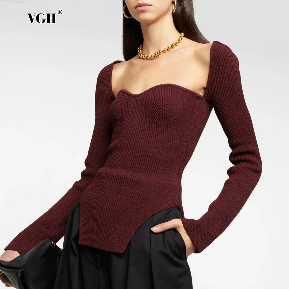 

VGH Irregular Knitting Sweaters For Women Square Collar Long Sleeve Solid Slimming Pullover Sweater Female Autumn Fashion Style