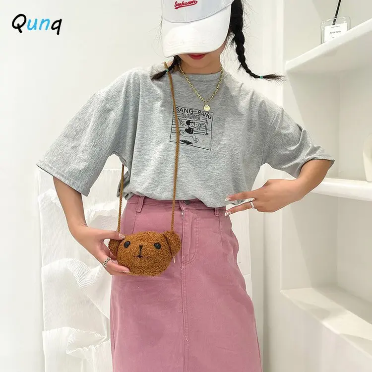 Qunq 2023 Winter New Girl's Mini Lamb Plush Little Bear Cartoon Cute Little Bear One Shoulder Crossbody Bag kids bags