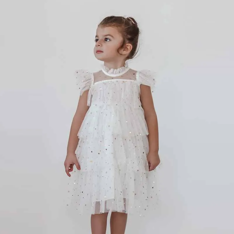 Girls Layered Dress Birthday Dress Summer Fly Sleeve Sequined Princess Mesh Tutu Dresses Kid Party Costume Girl Clothes 4 5 6