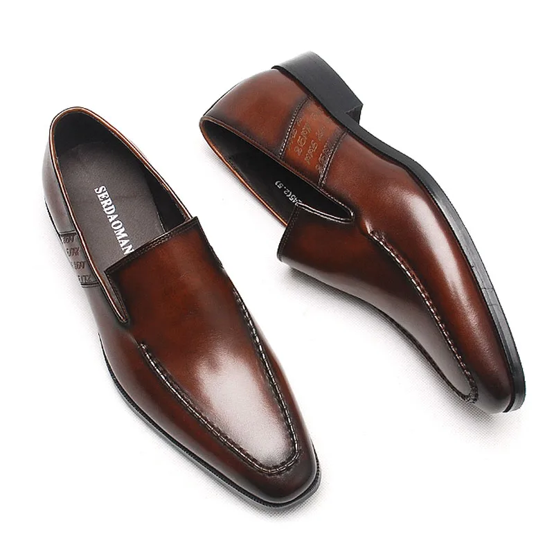 HKDQ Genuine Leather Mens Loafers Slip-on Dress Shoes Burgundy Black Party Wedding Formal Shoe Male Casual Business Shoe For Men