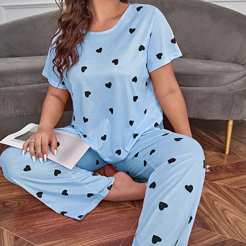 Plus Size Casual Pajama Set Women\'s Heart Print Short Sleeve Tee Tops & Pants Sleepwear 2 Piece Soft Comfortable Loungewear Suit