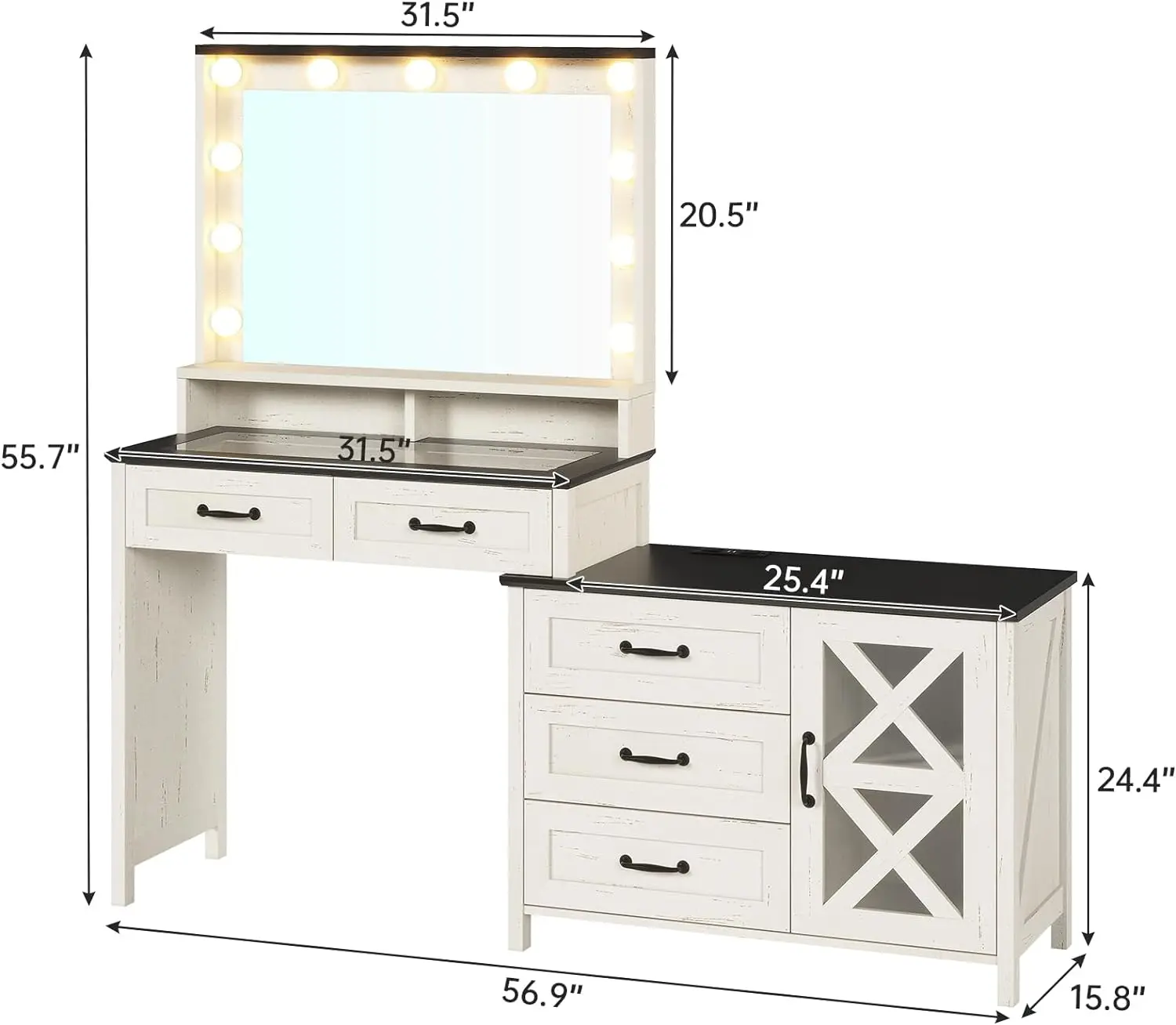 Farmhouse-Maquiagem Vanity Desk com grande espelho e luzes, Glass Top Table, estação de carregamento, Maquiagem Desk com gavetas e cômoda