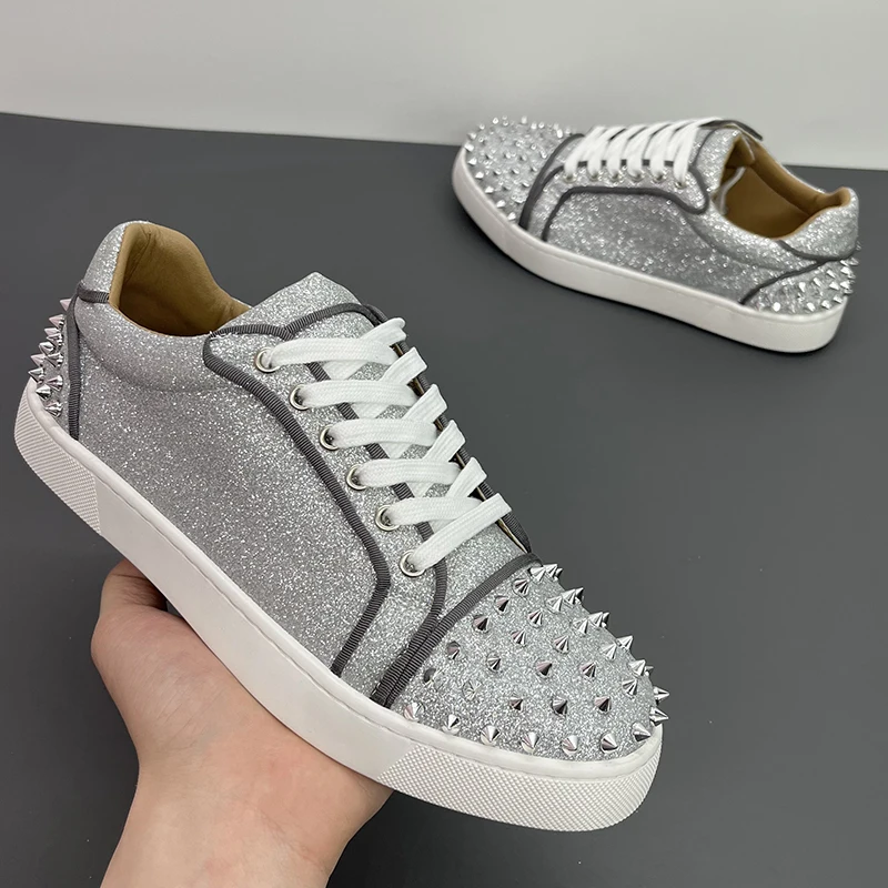 

men's fashion hip hop rock rivets shoes silver soft leather studded shoe flats platform spikes sneakers designer trendy footwear