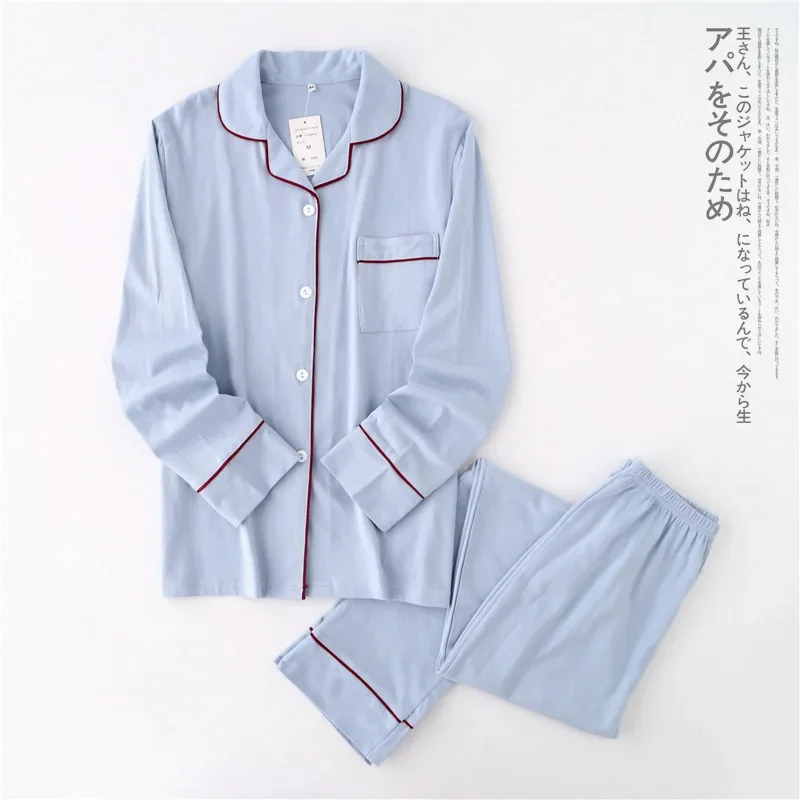 Couple Set Pyjama 100% Cotton Long-Sleeved Trousers Ladies Pajamas Suit Simple Style Long Pajamas Men And Women Homewear Sleepwe