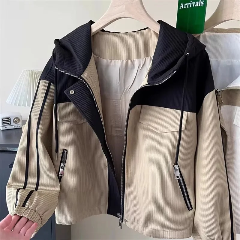 

Splicing Contrast Short Hooded Coat Women's Spring Autumn New Loose Casual Outwear Female Popular Tooling Outcoat Ladies Tops