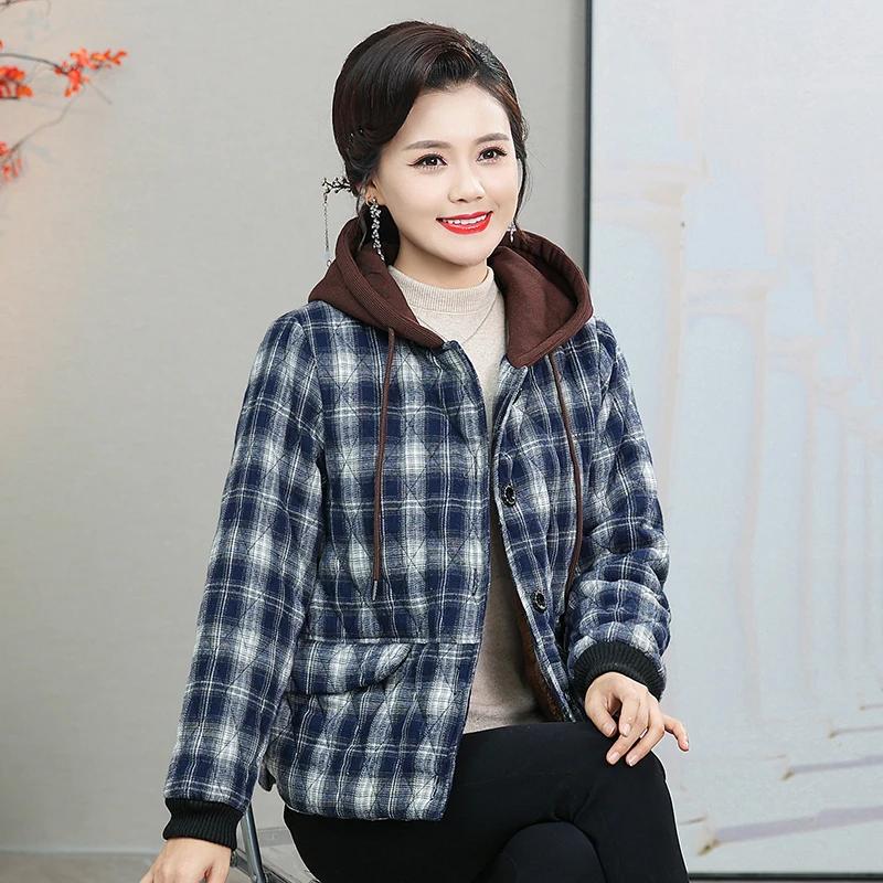 Middle Aged Women Autumn Winter Cotton Jacket New Grid cloth Hooded Thick Warm Short Outerwear Parkas Mother Coats