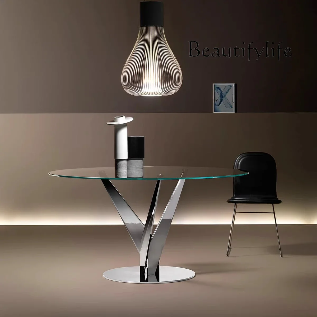 

M Italian Round Dining Table Minimalist Light Luxury Glass Dining Table Club Hotel Metal Leg Negotiation Table