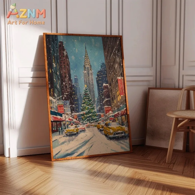 Unframed Canvas Wall Art Vintage City Snowy Christmas Street View Print Retro Winter Poster for Living Room Bedroom Wall Decor