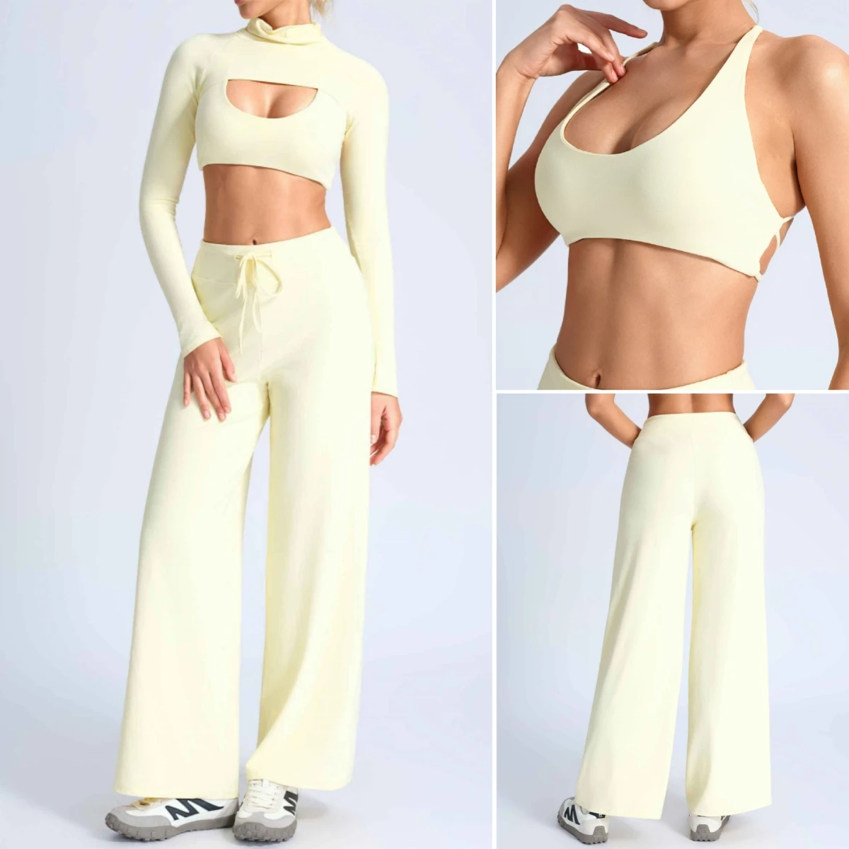 Women 3 Piece Yoga Set Cutout Long Sleeve Shrug Crisscross Back Sports Bra High Waist Wide Leg Pants Gym Fitness Athletic Outfit