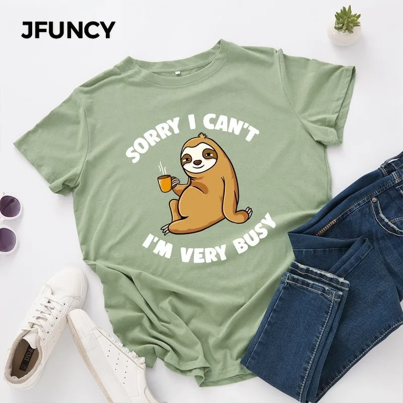 JFUNCY Mùa Hè Nữ 100% Cotton Áo Rời Nữ Tay Ngắn Người Phụ Nữ Áo Thun Ngộ Nghĩnh Giày Lười In TEE Áo Nữ Áo Thun Nữ