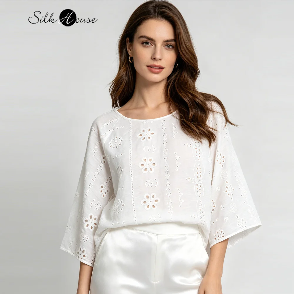 

Plus Size White Hollow Embroidery 75% Natural Mulberry Silk 25% Nylon Dry Silk Versatile Round Neck Three-quarter Sleeve T-shirt